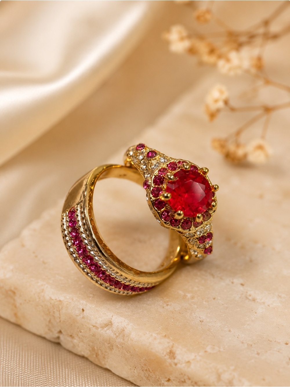Ruby Red Statement Ring Set | Gold Tone Pink Crystal Cocktail Rings | Glam Fashi